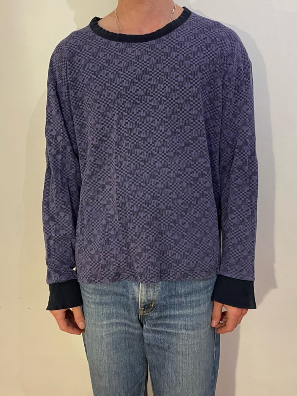 Vintage Purple Patterned Long-Sleeve Tee with Black Trim